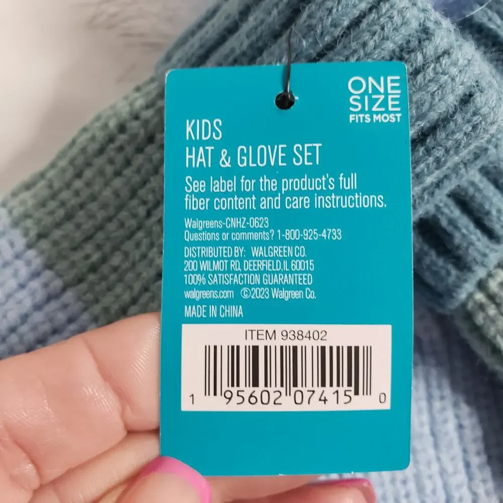 West Loop Kids One‎ Size Winter Pom Puff Hat & Glove Set Green Blue Stripe New